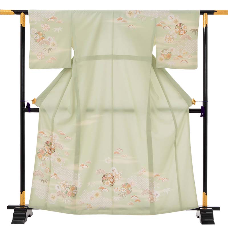 【レンタル】訪問着 レンタル 七五三 母 卒業式 入学式 「Mサイズ」淡緑色 丸菊取り 松竹梅 フルセット ワンタッチ 簡単 (2397a)