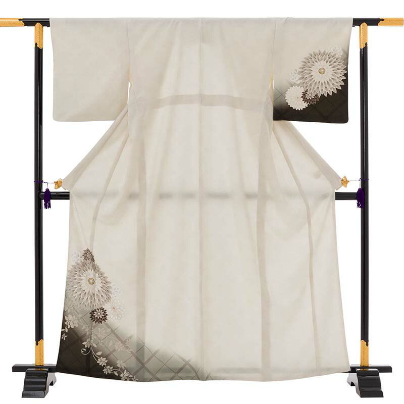 【レンタル】訪問着 レンタル 七五三 母 卒業式 入学式 「Mサイズ」クリーム 茶色 くすみ ワントーン 大菊 フルセット ワンタッチ 簡単 (2402a)