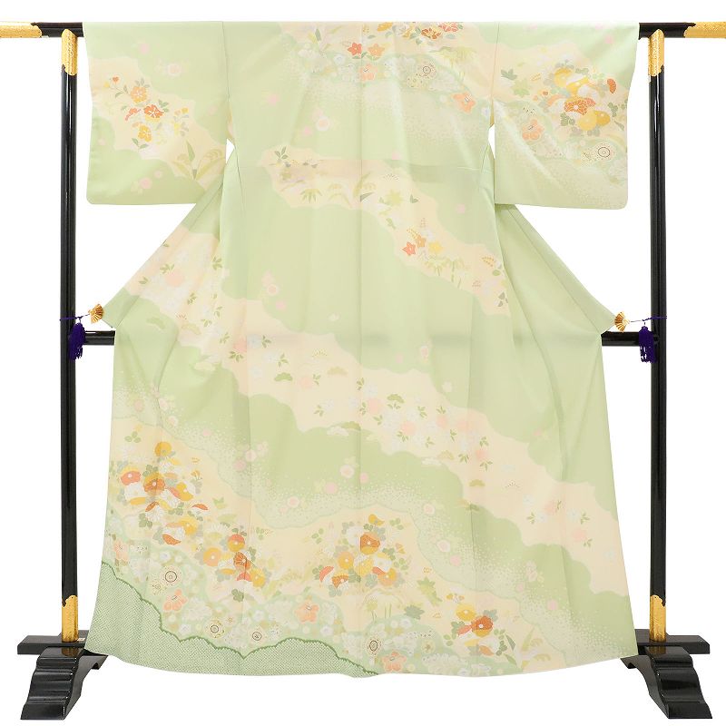 【レンタル】単衣 訪問着 レンタル「Mサイズ」ひわ色・ 辻が花 初夏/初秋 暑い季節用 着物 セット 裏地なし 卒業式 卒園式 入学式 結婚式 披露宴 ワンタッチ (3507a)