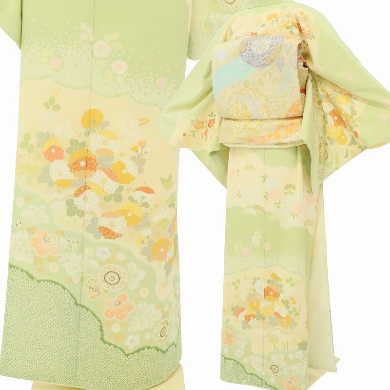 【レンタル】単衣 訪問着 レンタル「Lサイズ」ひわ色・ 辻が花 初夏/初秋 暑い季節用 着物 セット 裏地なし 卒業式 卒園式 入学式 結婚式 披露宴 ワンタッチ (3508a)