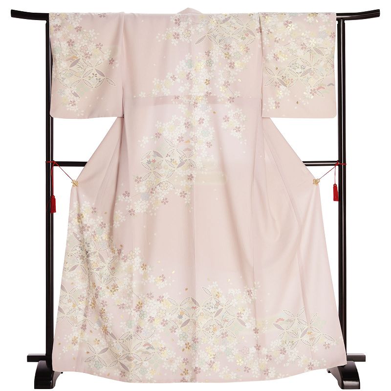 【レンタル】単衣 訪問着 レンタル「Lサイズ」ピンク 花七宝 小桜散らし 初夏/初秋 夏用 暑い季節用 着物 セット 裏地なし 七五三前撮り ママ 結婚式 披露宴 ワンタッチ (3523a)