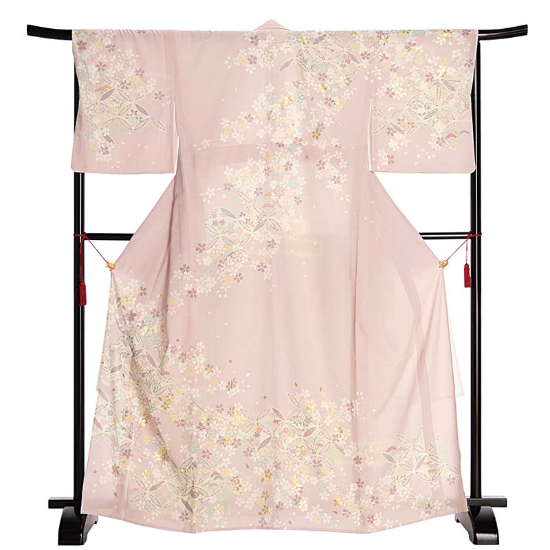【レンタル】夏物 夏用 絽 訪問着 レンタル「Sサイズ」薄ピンク 破れ七宝 小桜夏 着物 フルセット フォーマル ワンタッチ (4511a)