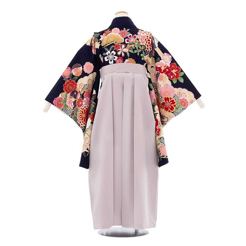 【レンタル】ワンタッチ 小学校 卒業式 女の子 簡単 はかま 「140サイズ」 濃紺/袴 灰ピンク 四季花 吉祥文 絵羽 フルセット 女子 (t033aq) 2
