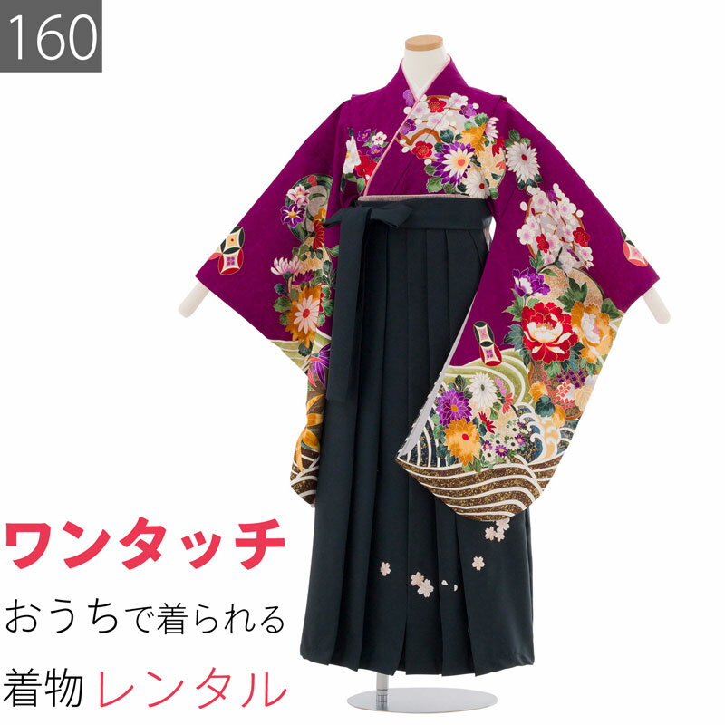Rakuten - 【レンタル】ワンタッチ 小学校 卒業式 女の子 簡単 はかま「160サイズ」紫/袴 モスグリーン 四季花 流水 絵羽 フルセット 女子 (t046ax)