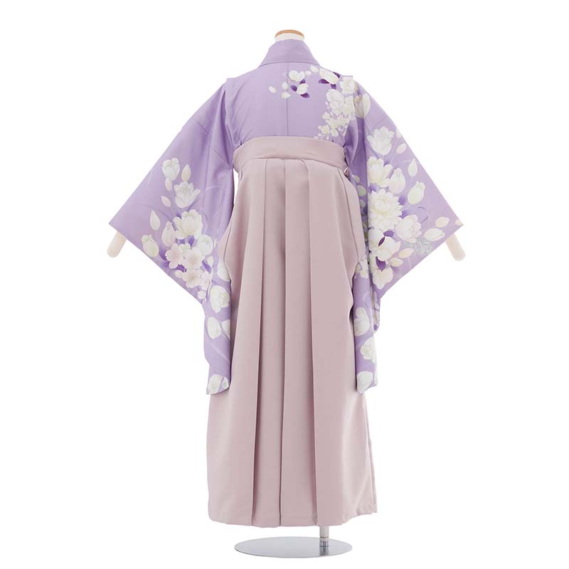 【レンタル】ワンタッチ 小学校 卒業式 女の子 簡単 はかま「140サイズ」薄紫/袴 ラベンダー 牡丹、椿、胡蝶蘭 絵羽 フルセット 女子 (t047aq)
