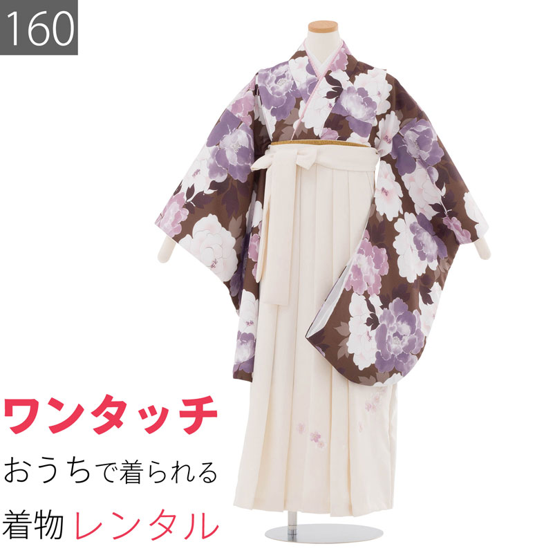 Rakuten - 【レンタル】ワンタッチ 小学校 卒業式 女の子 簡単 はかま「160サイズ」茶/袴 オフホワイト 友禅風＆水彩風 大牡丹尽くし フルセット 女子 (t050ax)