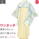 【レンタル】袴 レンタル 卒業式 ワンタッチ「Lサイズ」卒業袴 二尺袖 水色縞 白ツバキ/白 くすみ系 はかま 簡単 フルセット 大学 (d011a003)