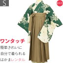 【レンタル】袴 レンタル 卒業式 ワンタッチ「Sサイズ」卒業袴 二尺袖 緑 大牡丹/茶色 はかま 簡単 フルセット 大学 (d012a001)