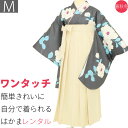 【レンタル】はかま レンタル 卒業式 ワンタッチ「Mサイズ」卒業袴 二尺袖 濃グレー縞 白ツバキ/白 くすみ系 はかま 簡単 フルセット 大学 (d013a00...