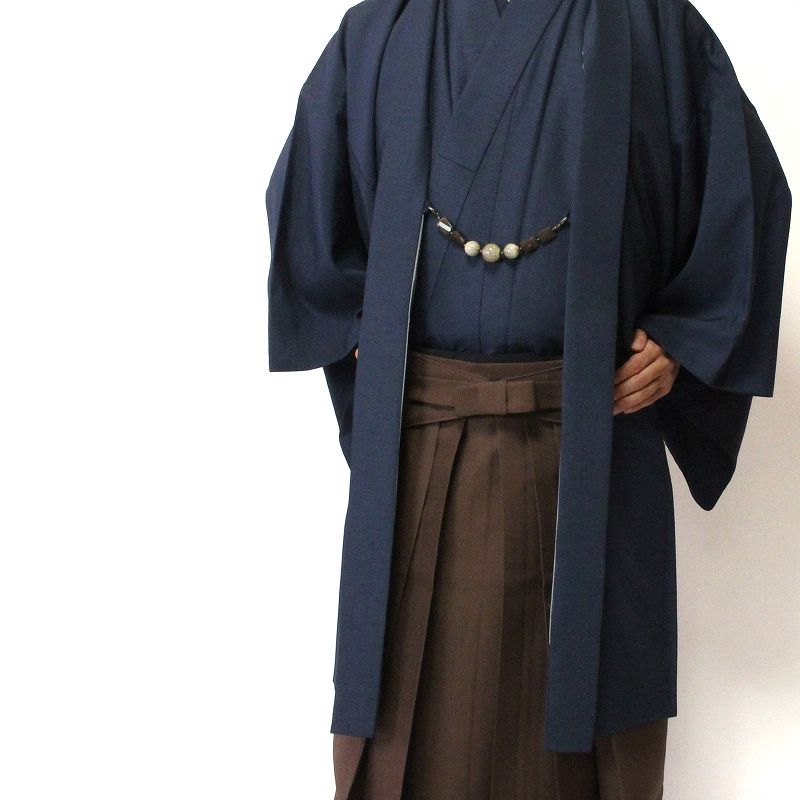 【レンタル】〔着物・羽織・袴 レンタル〕男物きもの・はおり・はかまレンタルXLサイズ(メンズ・男性用着物)紺・紬/無地袴・茶色(成人式・結婚式・お茶会) (8004b)