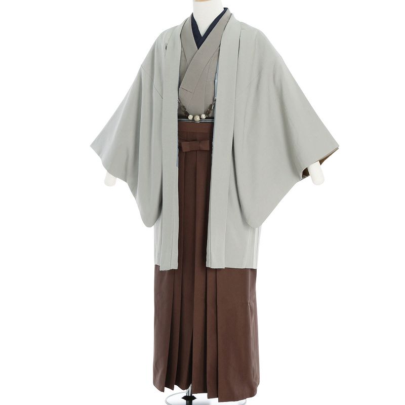 【レンタル】袴 レンタル 簡単 ワンタッチ 成人式 卒業式「XLサイズ」利休茶・薄グレー 着物+羽織+袴セット (春秋冬/袷) 学生 先生 父 (8168b)