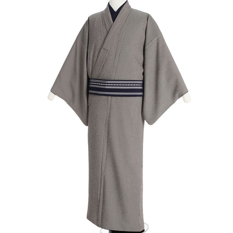 【レンタル】シルック 着物 レンタル 男 メンズ「3Lサイズ」高級 グレー/濃紫 万筋 (春秋冬用／袷) 和服 お茶会 七五三 パーティー (8215)
