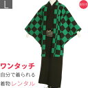 【レンタル】着物 レンタル 男 メンズ「Lサイズ」黒緑 市松 鬼狩り衣装風 (春秋冬用/袷) パパ お父さん 七五三 パーティー (8243)