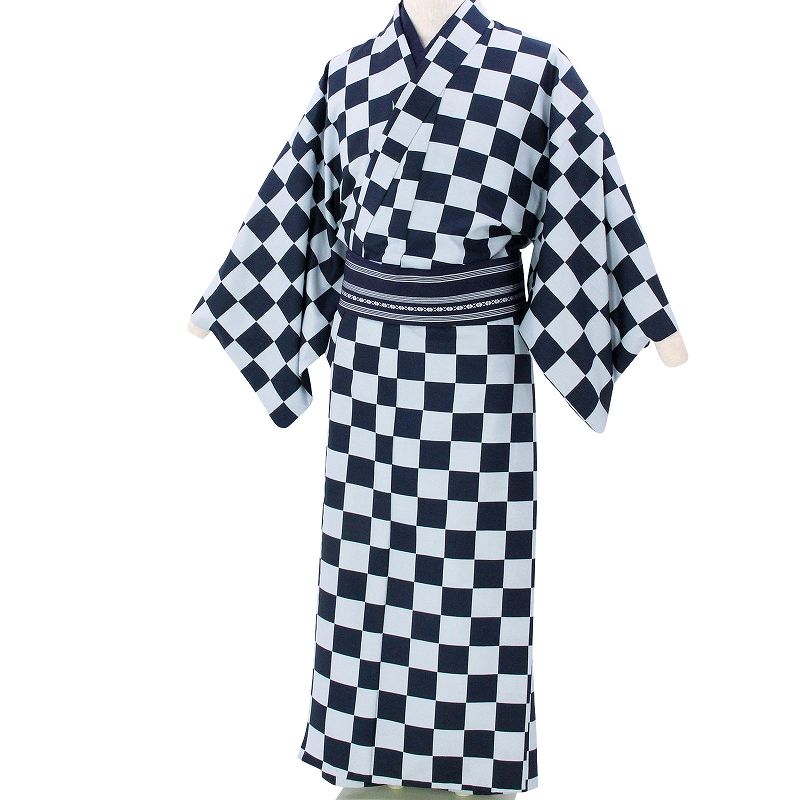 【レンタル】着物 レンタル 男「Mサイズ」紺・市松／紺・重ね格子 (初夏・初秋用／単衣) 和服 祭り (8342)