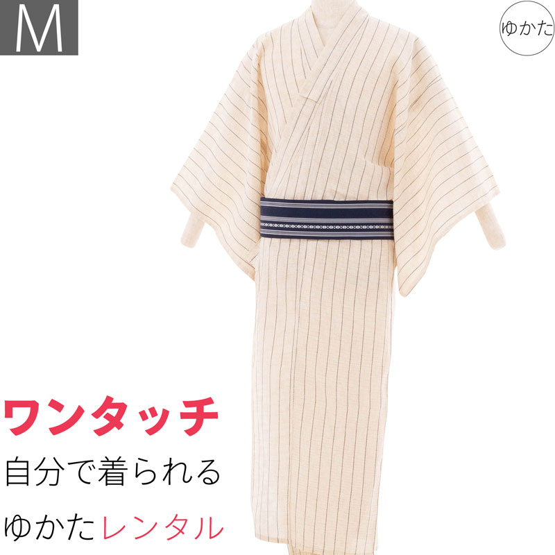 【レンタル】浴衣 レンタル「Mサイズ」ベージュ・綿麻・縦縞 (男 メンズ)ワンタッチ 簡単 着付け ゆかた フルセット (9094)