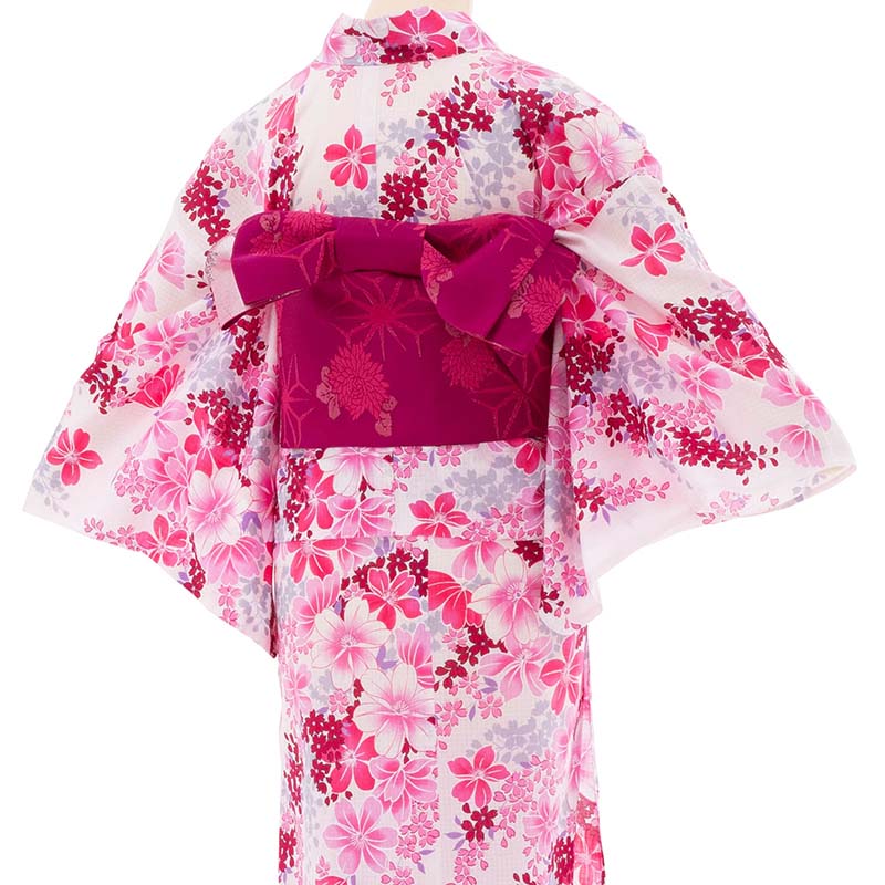 【レンタル】浴衣 レンタル セット Lサイズ レディース 白 四季花 ワンタッチ 着付け 簡単 (5181)