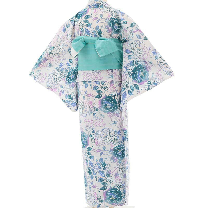 【レンタル】浴衣 レンタル セット Lサイズ レディース 白 緑牡丹 ワンタッチ 着付け 簡単 (5190)