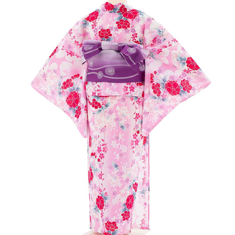 【レンタル】浴衣 レンタル セット XSサイズ レディース ピンク 赤桜 ワンタッチ 着付け 簡単 (5196)