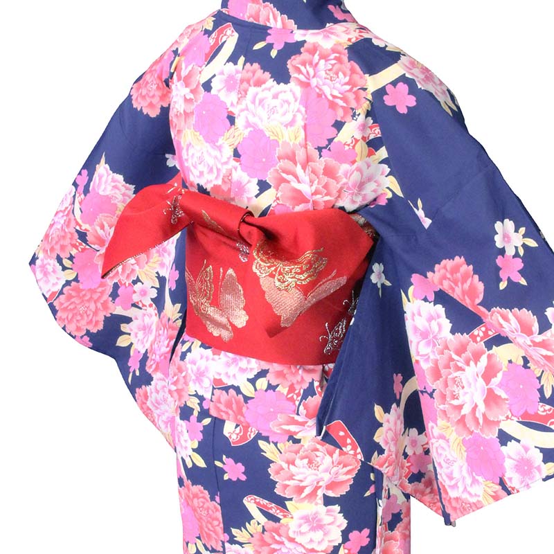 【レンタル】浴衣 レンタル/簡単 着付け ワンタッチ 浴衣 セット 「Mサイズ」紺 ピンクの牡丹 花火大会 (5216)