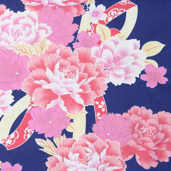 【レンタル】浴衣 レンタル/簡単 着付け ワンタッチ 浴衣 セット 「Mサイズ」紺 ピンクの牡丹 花火大会 (5216)
