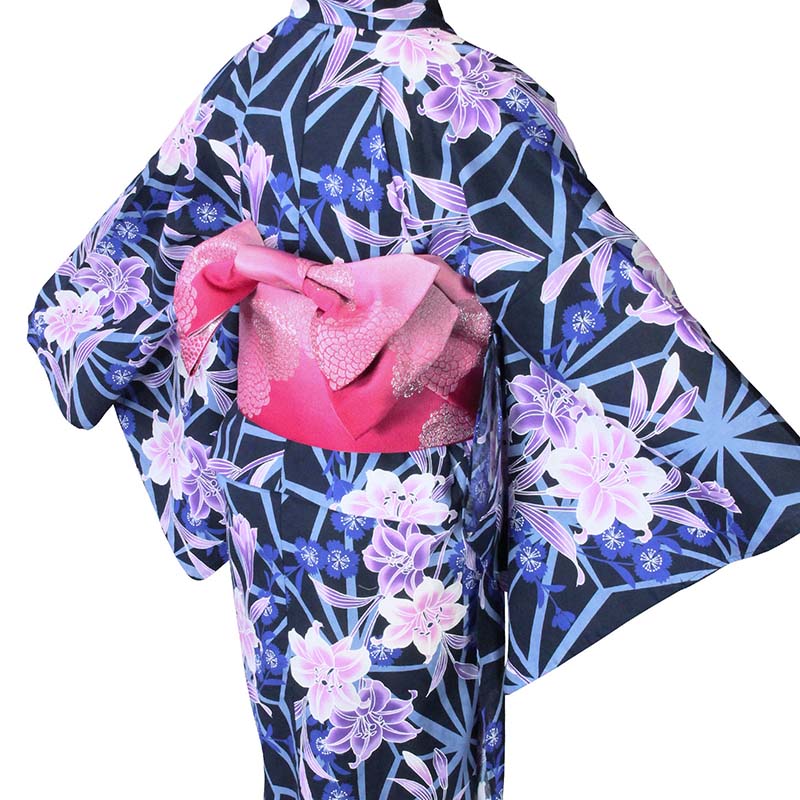 【レンタル】簡単 着付け ワンタッチ 浴衣 レンタル/浴衣 セット 「Mサイズ」紺 紫ユリ 麻葉 (5219)