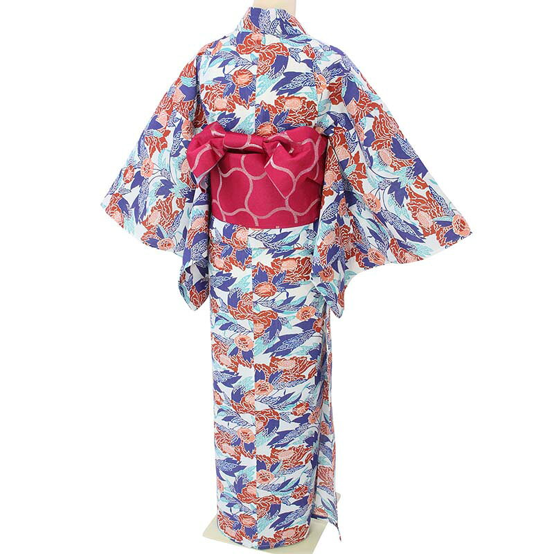 【レンタル】浴衣 レンタル/ゆかた セット 「Lサイズ」紺・水色・赤 紅型調 ツバキ ワンタッチ 簡単 着付け (5233)