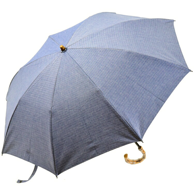 綿麻混 ヘリンボーン 寒竹小曲手元の晴雨兼用折りたたみ傘(ネイビー) 日傘 雨傘 かさ工房ワカオ 日本製 Tokyo Made WAKAO レディース 女 UVカット