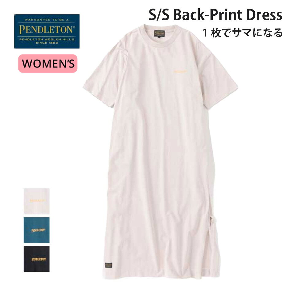 ペンドルトン レディース 半袖 ワンピース ドレス PENDLETON 19802397 S/S BackPrint Dress ショートスリーブバックプリントドレス ブラック ホワイト ブルー フリー 春夏 メール便 (240402)