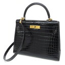 HERMES ハンドバッグ ケリー28 外縫い G金具 □G刻印 黒 クロコダイル アリゲーター 【中古】(61298)