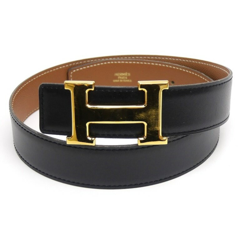エルメス HERMES コンスタンスベルト Hベルト リバーシブル 65cm □A刻印 G金具 黒×ゴールド カーフ×クシュベル 【中古】(67836)