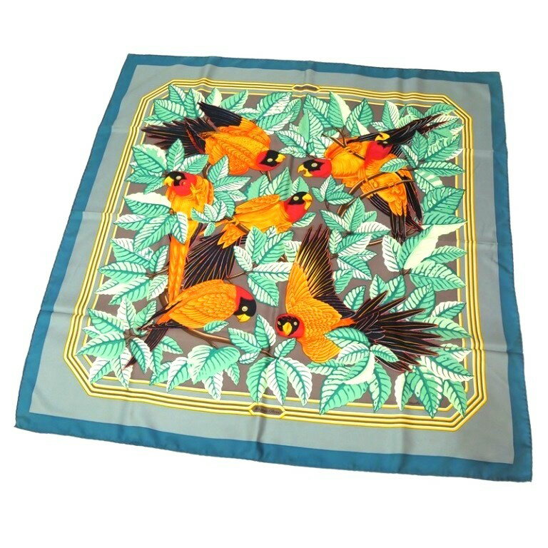 エルメス HERMES スカーフ カレ90 オウム柄 グリーン系 シルク100% 【中古】(66578)