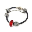 パンドラ Pandora ブレスレット 赤石×黒レザー 17.6g 13.5cm 【中古】(51604)(4)