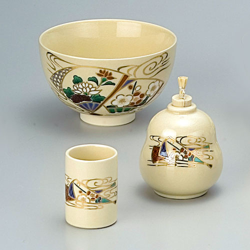 茶道具 茶箱 茶箱用三点セット(茶碗・振出・茶巾筒)仁清 扇面流水 宮地英香作