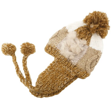 耳あてニット帽 ブロックデザインsideファー 暖かMIX ベージュ系 knit-1487-02 耳あて 帽子 レディース かわいい 秋冬 防寒 スキー ウィンタースポーツ ポンポンニット ニットキャップ ギフト プレゼント あす楽