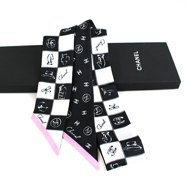シャネル ツイリー　スカーフ　白×黒　ホワイト×ブラック　極美品　ココマーク　CHANEL　r059 　【中古】