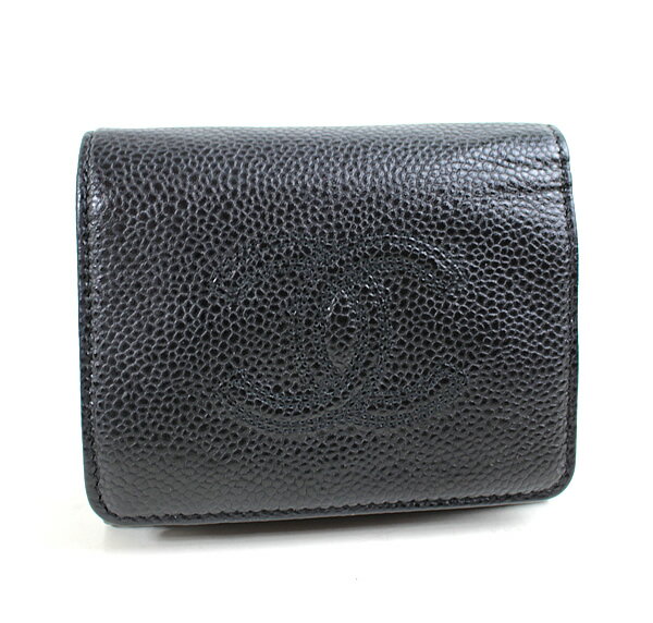 Rakuten - シャネル 三つ折り財布　キャビアスキン　ミニ財布　ブラック　黒　CHANEL　美品　r253 【中古】