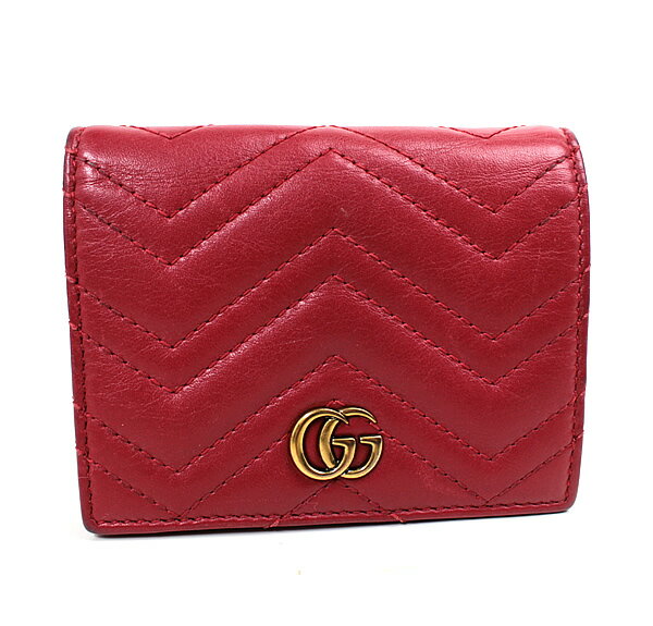 グッチ ミニ財布 二つ折り財布 ブラウン GGマーモント レッド 赤 GUCCI q652 【中古】