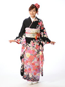 【レンタル】 振袖 レンタル フルセット 結納 卒業式 結婚式 貸衣装 黒地 桜 2月-12月上旬 153cm-168cm位まで 足袋プレゼント 8AC71 振り袖 レンタル安売り