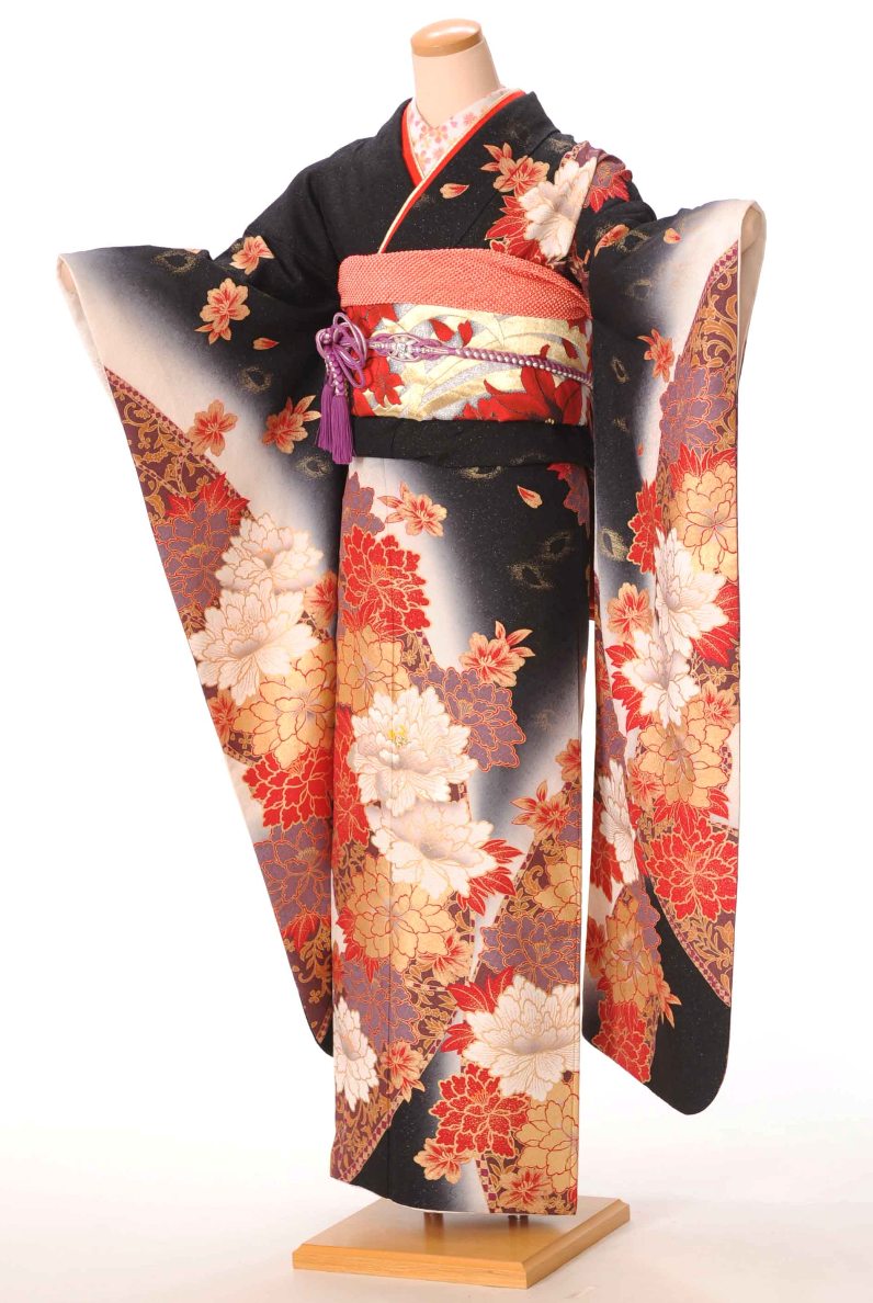 振袖 レンタル 振袖レンタルフルセット(2月〜12月上旬) 8AC133 結婚式 結納 卒業式 貸衣装 振袖レンタル 着物レンタル レンタル着物 黒地 牡丹 蝶 153cm〜168cm位まで 足袋プレゼント 振り袖 レンタル
