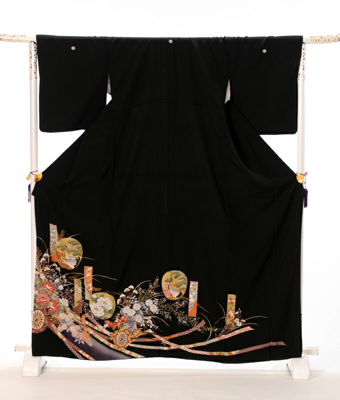 【レンタル】黒留袖レンタルフルセット8AA21 留袖 レンタル 留袖レンタル 黒留袖 着物レンタル レンタル着物 着物 結婚式 貸衣裳 熨斗流れ花車 149cm～168cm位まで 足袋プレゼント 往復送料無料