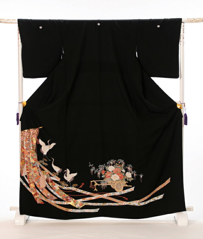 【レンタル】黒留袖レンタルフルセット8AA32 レンタル留袖 着物レンタル 着物 結婚式 貸衣装 熨斗流れ 鶴 留袖 レンタル 留袖レンタル 149cm～169cm位まで 足袋プレゼント 往復送料無料