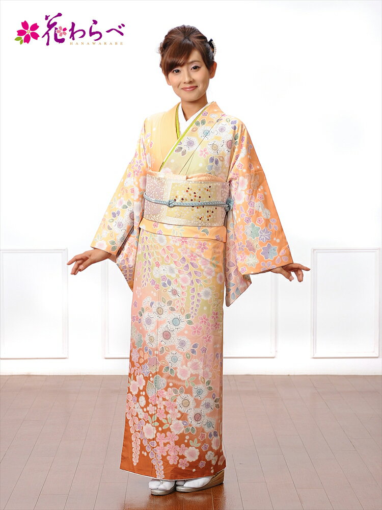 訪問着 レンタル フルセット レンタル訪問着 着物レンタル レンタル着物 ブランド オレンジ地 花わらべ 辻が花 149cm～169cm位まで 足袋プレゼント 8AD59