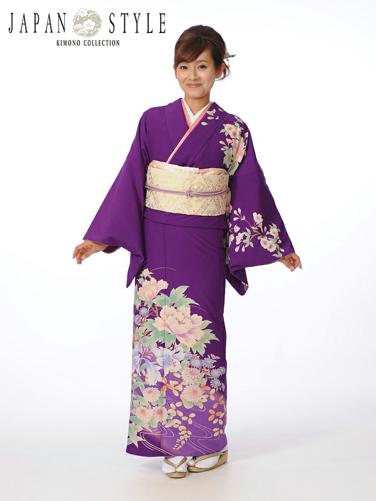 【レンタル】 JAPANSTYLE ジャパンスタイル 訪問着 レンタル 着物レンタル レンタル着物 着物 フルセット ブランド レンタル訪問着 ママ着物 紫地 流水四季草花 149cm～167cm位まで 足袋プレゼント 8AD83