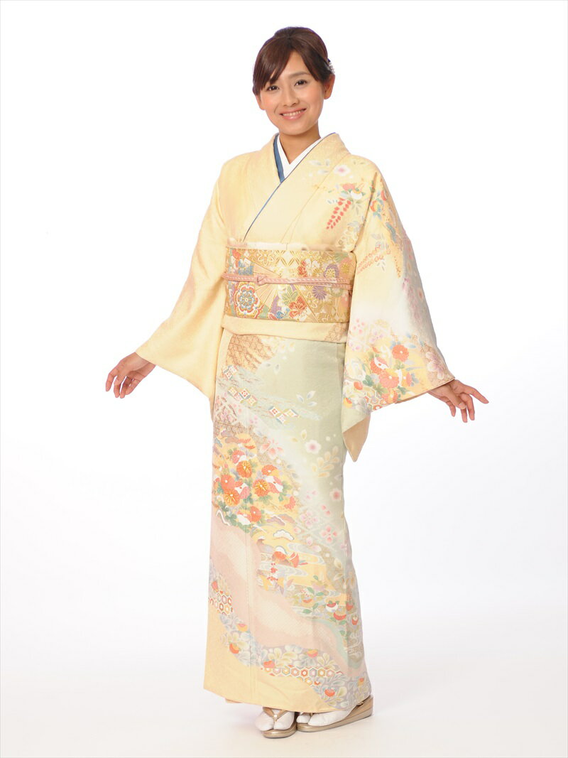 【レンタル】正絹訪問着レンタルフルセット8AD255 訪問着 レンタル レンタル訪問着 正絹 お呼ばれレンタル クリーム 慶長四季花紋 149cm～170cm位まで 足袋プレゼント 往復送料無料