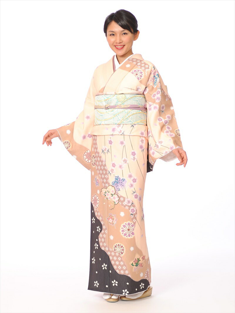 【レンタル】 訪問着 レンタル 着物レンタル レンタル着物 レンタルフルセット8AD271 レンタル訪問着 若向き 合繊プレタ ベージュ 道長取り 桜 149cm～167cm位まで 足袋プレゼント