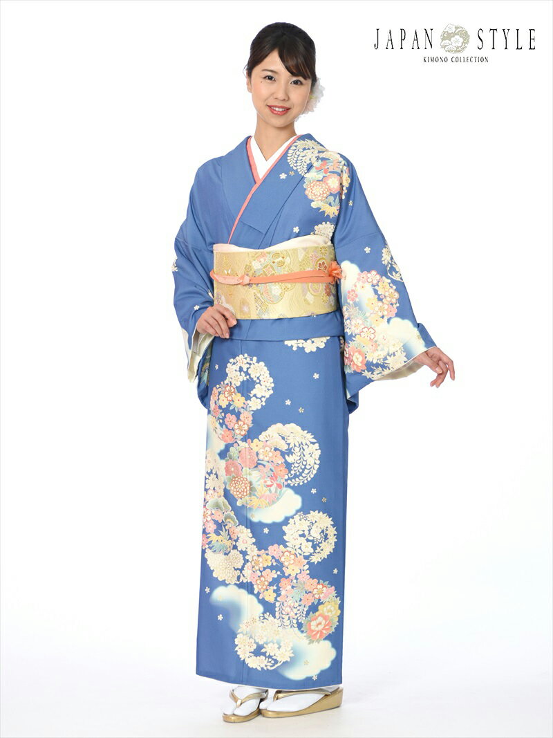 【レンタル】JAPANSTYLE ジャパンスタイル 訪問着レンタルフルセット8AD289 訪問着 レンタル 着物レンタル レンタル訪問着 レンタル着物 ママ着物 青地 花丸紋 149cm～167cm位まで 足袋プレゼント 往復送料無料のサムネイル