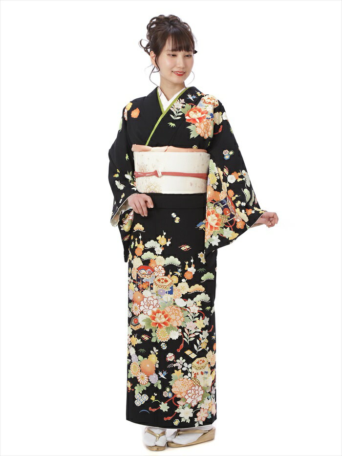 【商品番号】8AD290(黒)20代〜30代向きの柄です 表地・・・ポリエステル 裏地・・・ポリエステル 洋服サイズ・・・13号位まで 身長・・・149cm〜167cm位まで 裄・・・69cm 身丈・・・164cm 袖丈・・・49cm 前幅・・・25cm　後幅・・・31cm 【期間】レンタル期間は最大3泊4日となります。 ご利用日2日前にお届けになります。 ご利用日の翌日までに返却発送して下さい。 【レンタル内容】 訪問着・袋帯・長襦袢・帯締め・帯揚げ 重ね衿・草履・バック・足袋・肌着・腰紐4本・帯枕 コーリンベルト・伊達締め2本・前板・衿芯 ※足袋はプレゼントいたします。 ※着付けに必要なタオルはご準備ください。 ※着物以外の帯や小物などはお選び頂いた 着物に合わせて当店スタッフがコーディネート させていただきます。
