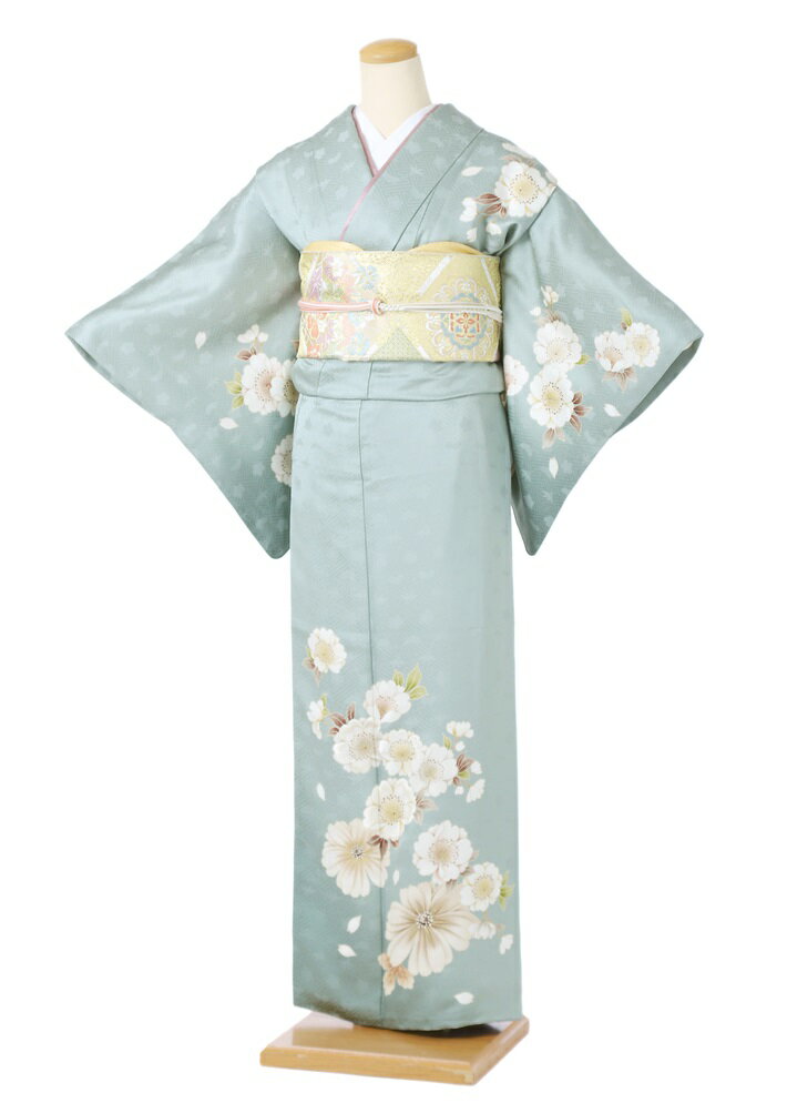 【レンタル】 訪問着 レンタル 正絹訪問着レンタルフルセット8AD490 レンタル訪問着 正絹 お呼ばれレンタル くすみ グリーン 桜 150cm～170cm位まで 足袋プレゼント