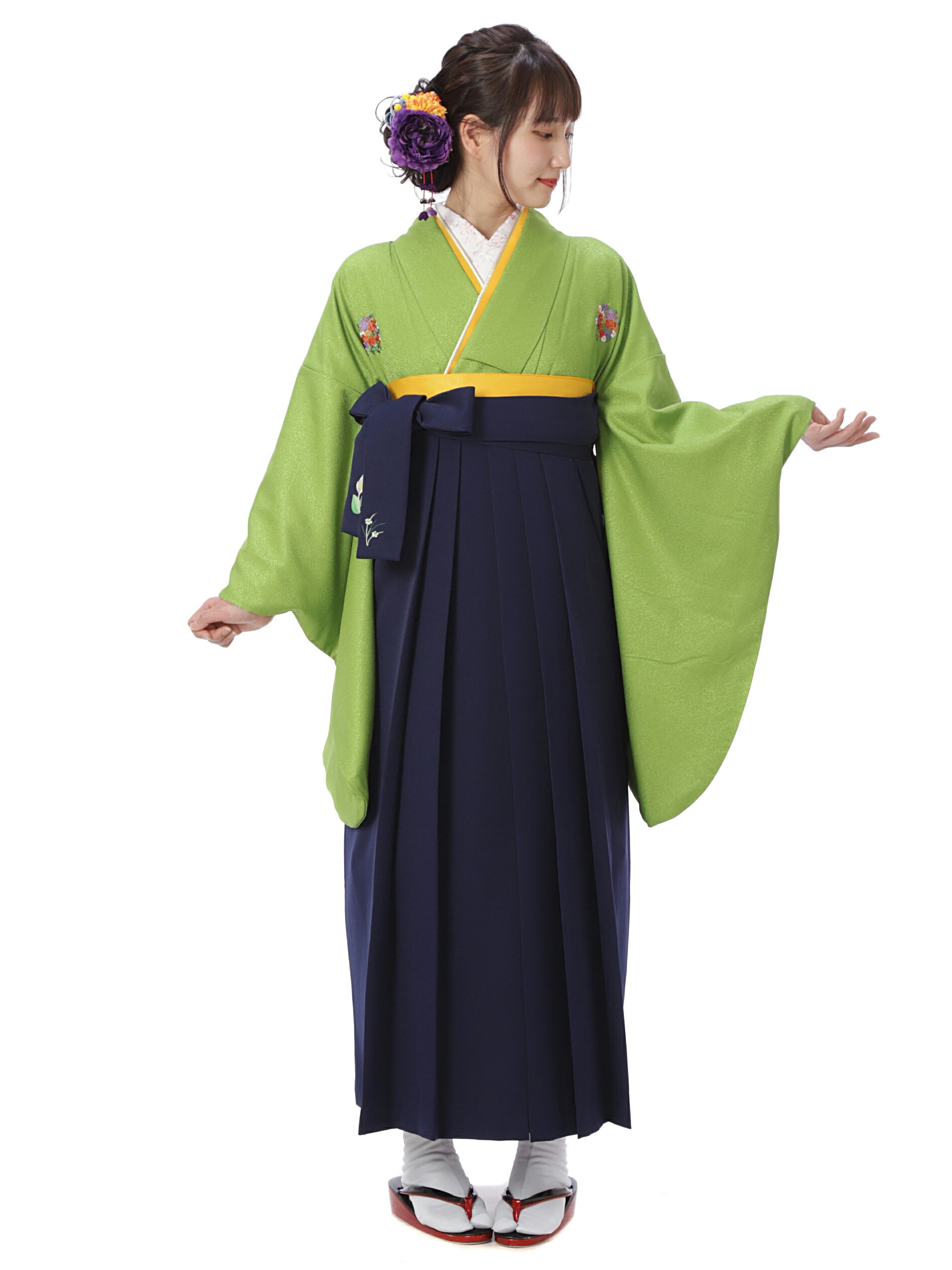 【レンタル】 卒業式 袴 レンタル セット(AG89)大人 女 レディース 袴セット 着物レンタル ハカマ はかま rental 緑 グリーン 花紋 2尺袖 着物 フルセット 対応身長158～163cm 足袋プレゼント 往復送料無料