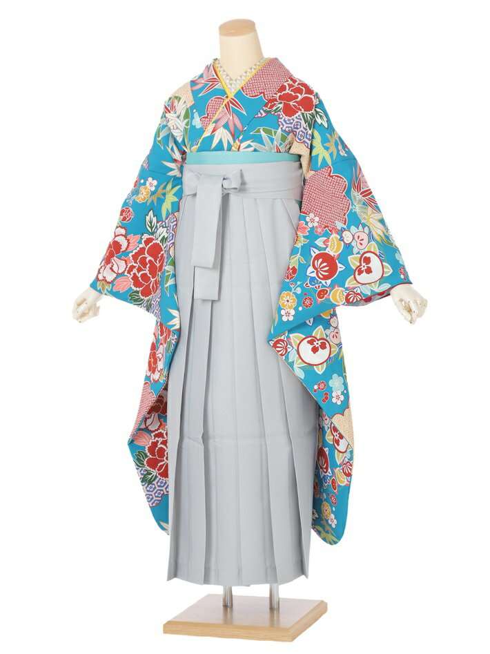 【レンタル】袴レンタル セット(HGB050)大人 女 レディース 袴セット 卒業式 袴 レンタル 着物レンタル ハカマ はかま rental 水色 アンティーク風 グレー袴 着物 フルセット 対応身長158~163cm 足袋プレゼント 往復送料無料